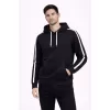 Erkek Şeritli Kapüşonlu Sweatshirt Oversize 3 Iplik Pamuklu - Siyah