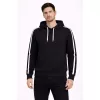 Erkek Şeritli Kapüşonlu Sweatshirt Oversize 3 Iplik Pamuklu - Siyah