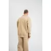 Erkek Patlı Yaka Üç İplik Pamuklu Sweatshirt Double Oversize Rahat Kalıp Günlük Kullanım – Bej