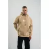 Erkek Şimşek Baskılı Kapşonlu Sweatshirt Üç İplik Pamuklu Kanguru Cepli Double Oversize Hoodie - Bej