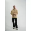 Erkek Şimşek Baskılı Kapşonlu Sweatshirt Üç İplik Pamuklu Kanguru Cepli Double Oversize Hoodie - Bej