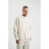 Erkek 3 İplik Pamuklu Yağ Yıkamalı Sweatshirt Double Oversize Bisiklet Yaka Uzun Kol - Krem