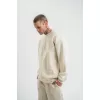 Erkek 3 İplik Pamuklu Yağ Yıkamalı Sweatshirt Double Oversize Bisiklet Yaka Uzun Kol - Krem