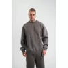 Erkek 3 İplik Pamuklu Yağ Yıkamalı Sweatshirt Double Oversize Bisiklet Yaka Uzun Kol - Füme