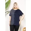 Büyük Beden Taş Detaylı Çizgili Viskon Tişört Bisiklet Yaka Rahat Kesim - Lacivert