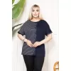 Büyük Beden Taş Detaylı Çizgili Viskon Tişört Bisiklet Yaka Rahat Kesim - Lacivert