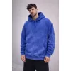 Erkek Yağ Yıkamalı Kapşonlu Double Oversize Üç İplik Pamuklu Sweatshirt - Mavi