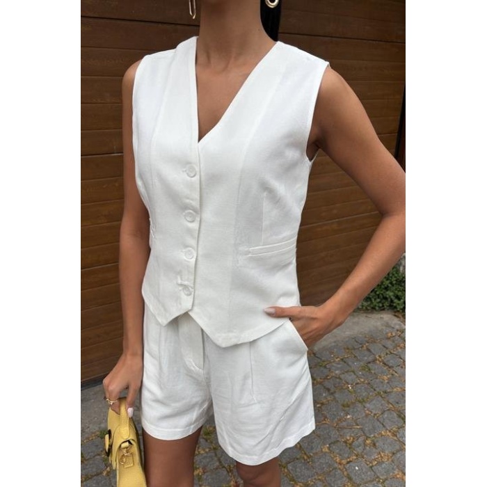 Yelek Şort Flamlı Keten Takım 10133-17