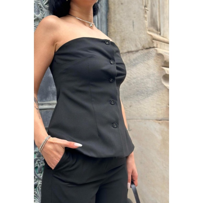 Siyah Straplez Düğmeli Crop Ve Pantolon Takım