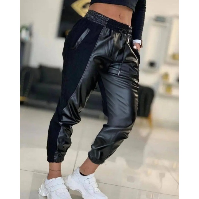 Kadın Yüksek Bel Lastikli Cepli Deri Detaylı Dalgıç Pantolon