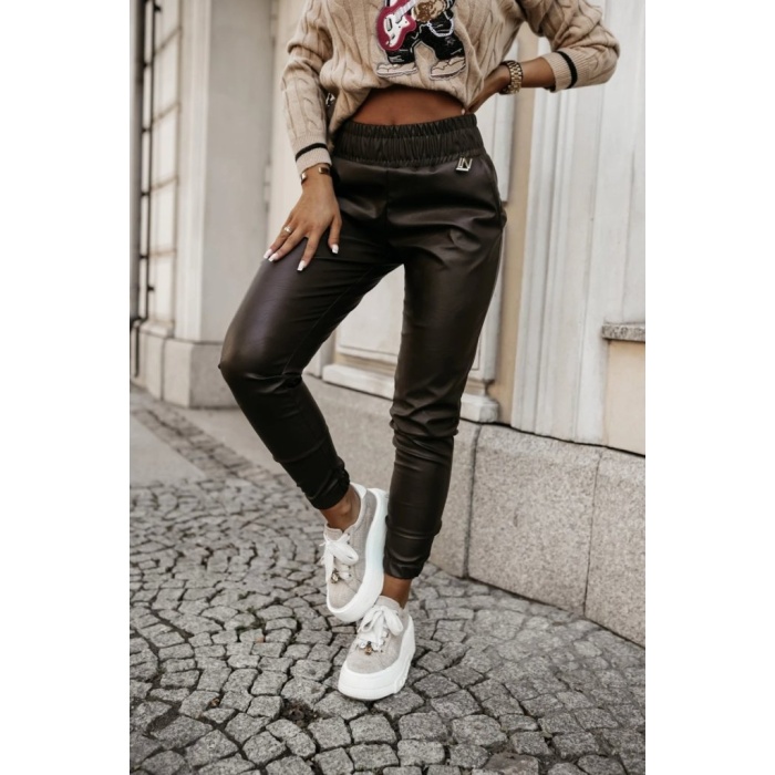 Kadın Yüksek Bel Lastikli Cepli Deri Pantolon