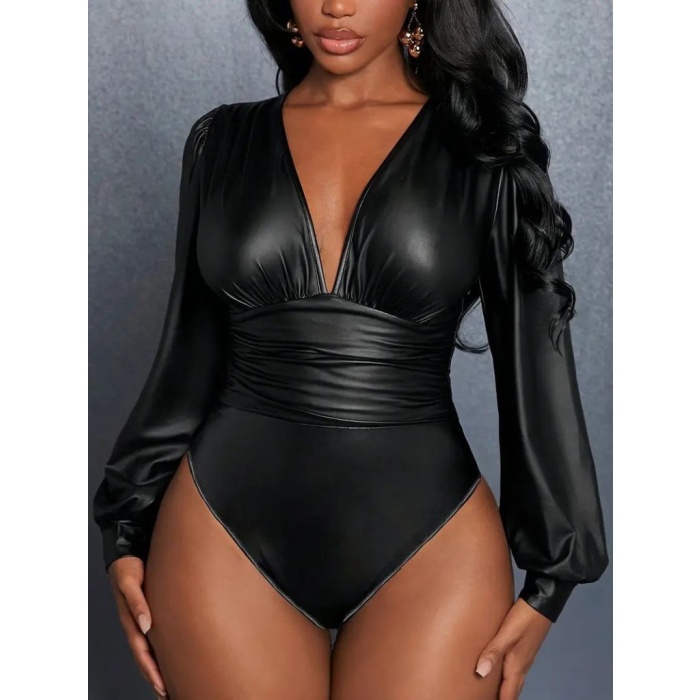 Kadın Uzun Kollu Derin V Yakalı Deri Zıbın