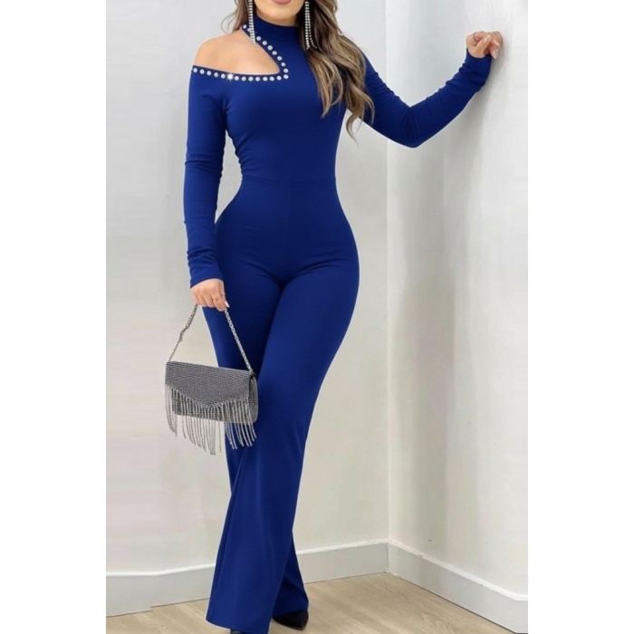 Kadın Tek Omuzdan Açık Balıkçı Yaka Taş Detaylı Uzun Ithal Krep Tulum