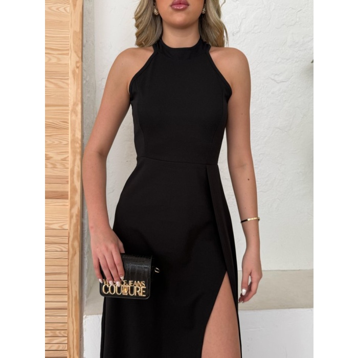 Kadın Halter Yaka Derin Yırtmaç Detaylı Tam Boy Ithal Krep Abiye Elbise