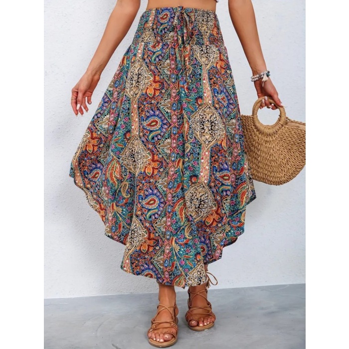 Kadın Beli Lastikli Bağcıklı Asimetrik Kesim Detaylı Desenli Bürümcük Etek