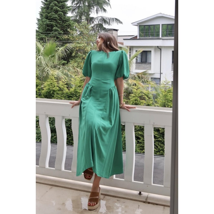 Yeşil Arkadan Bağlamalı Büzgülü Keten Elbise
