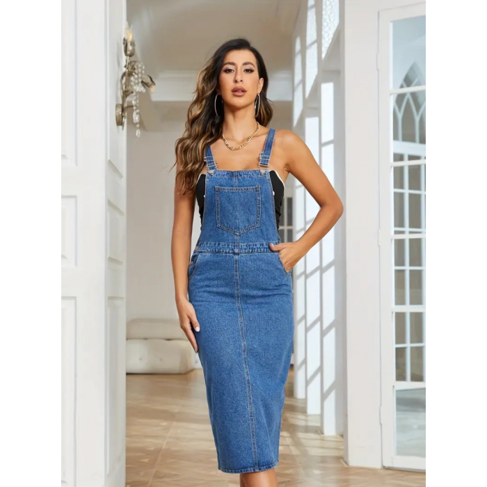 Kadın Askılı önü Cepli Diz Altı Kot Salopet