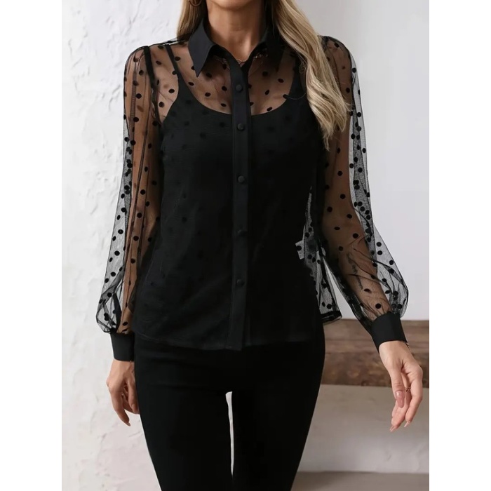 Kadın Uzun Kollu Yakalı şeffaf Tül Detaylı Ve Viskon Atlet Ikili Takım