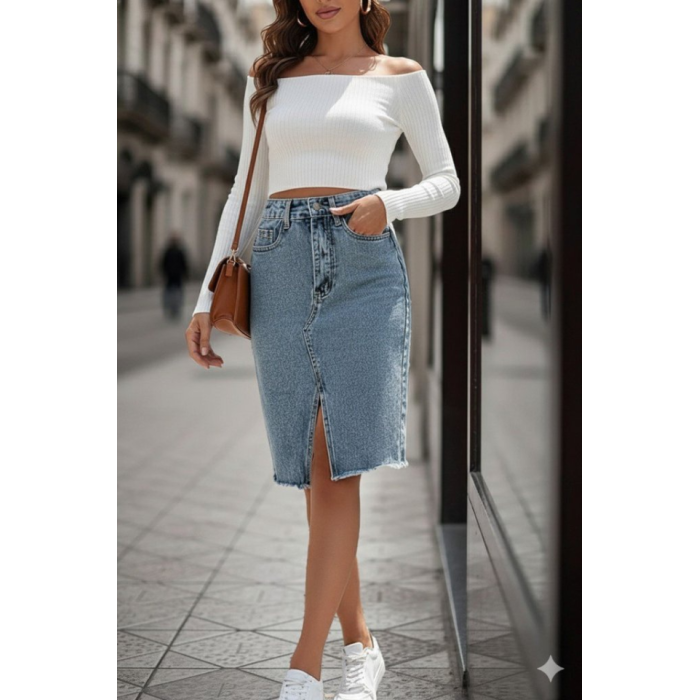 Kadın Elastik Bel Yırtık Kenar Detaylı Kot Etek