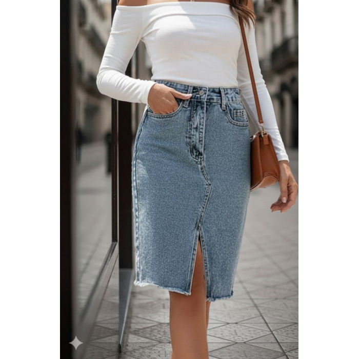 Kadın Elastik Bel Yırtık Kenar Detaylı Kot Etek