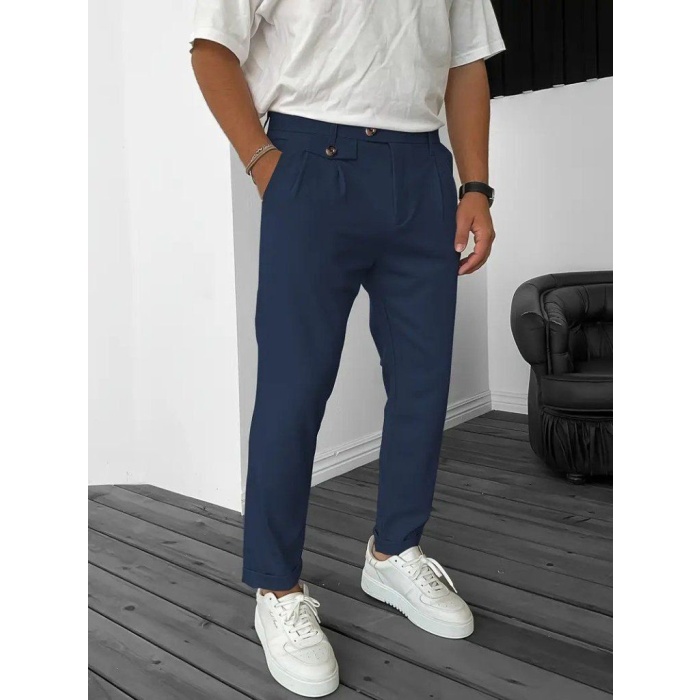 Erkek Belden Düğmeli Cepli Dokuma Pantolon