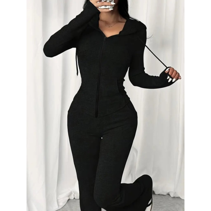 Kadın Uzun Kollu Kapşonlu Bağcıklı önü Fermuarlı Viskon Iki Iplik Bluz Ve Pantolon Ikili Takım