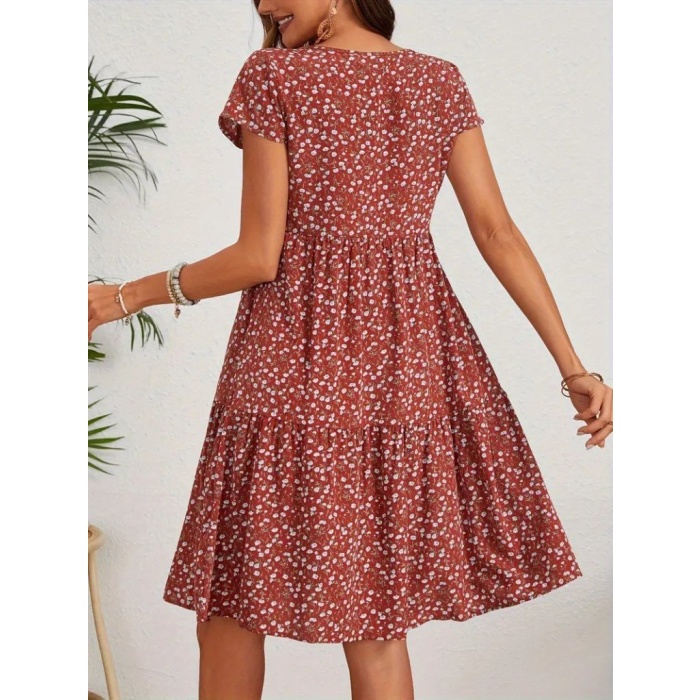 Kadın Kısa Kollu Bisiklet Yaka çiçek Desenli Süprem Elbise