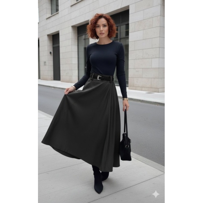 Kadın Yüksek Belli Maxi Deri Kemersiz Etek