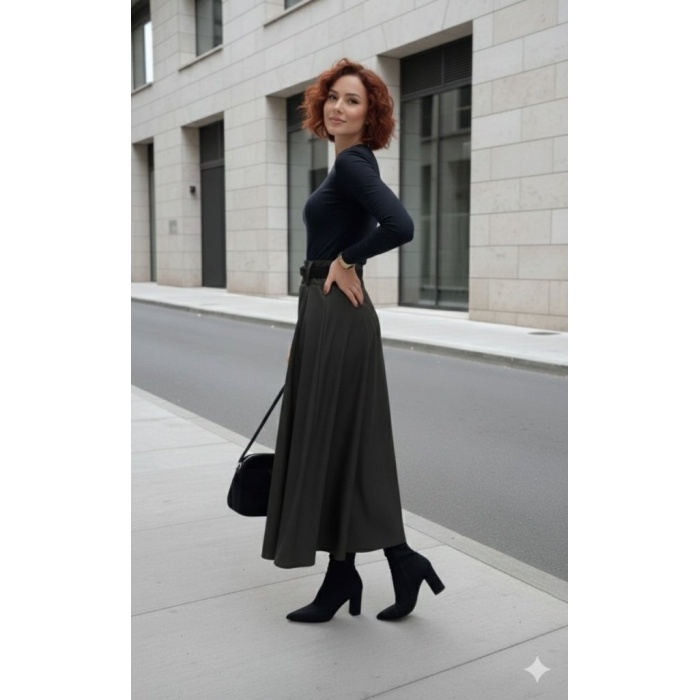 Kadın Yüksek Belli Maxi Deri Kemersiz Etek