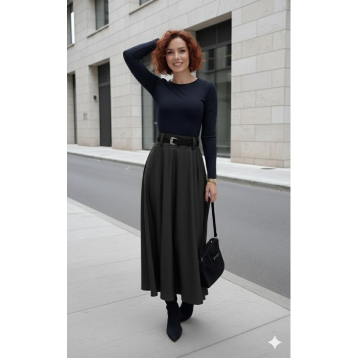 Kadın Yüksek Belli Maxi Deri Kemersiz Etek