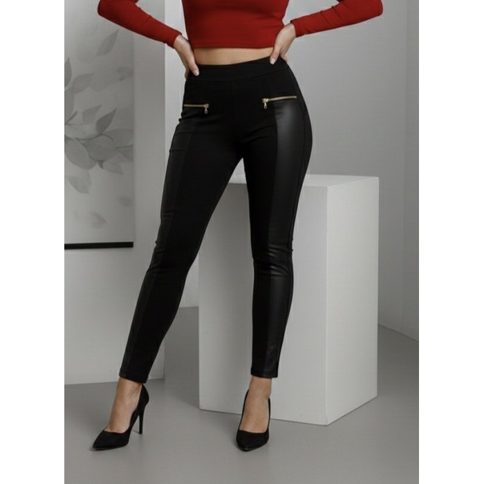 Kadın Yüksek Bel Deri Detaylı Fermuarlı Dalgıç Tayt