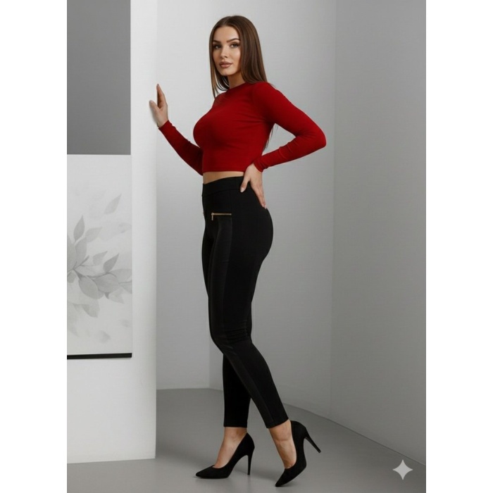 Kadın Yüksek Bel Deri Detaylı Fermuarlı Dalgıç Tayt