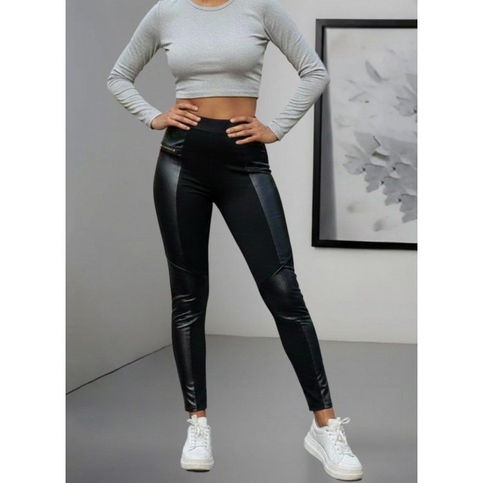 Kadın Yüksek Bel Yan şerit Deri Detay Fermuarlı Dalgıç Tayt