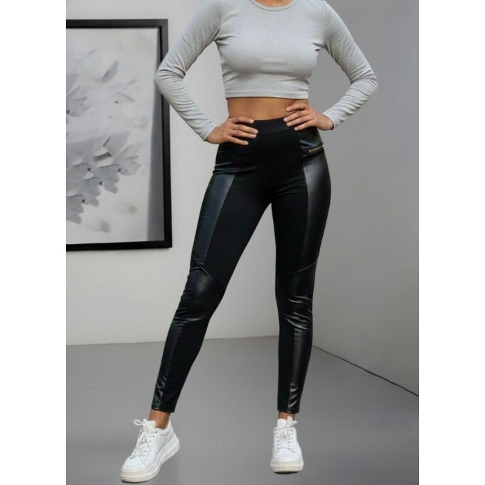 Kadın Yüksek Bel Yan şerit Deri Detay Fermuarlı Dalgıç Tayt