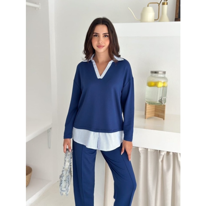 Polo Yaka Gömlekl Detay Salaş Balon Pantolunlu ıkılı Takım