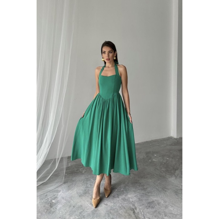 Yeşil Boyundan Bağlamalı Keten Elbise