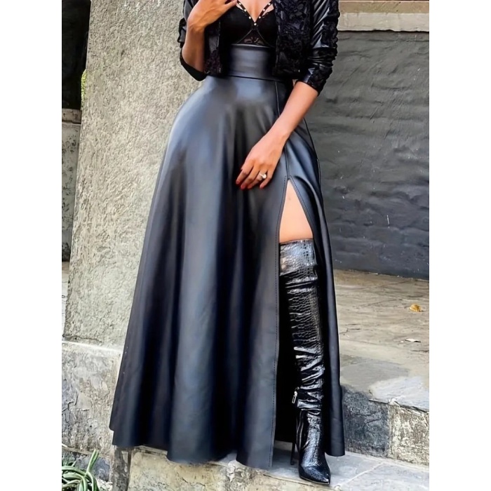 Kadın Yüksek Bel Uzun Yırtmaçlı Deri Etek