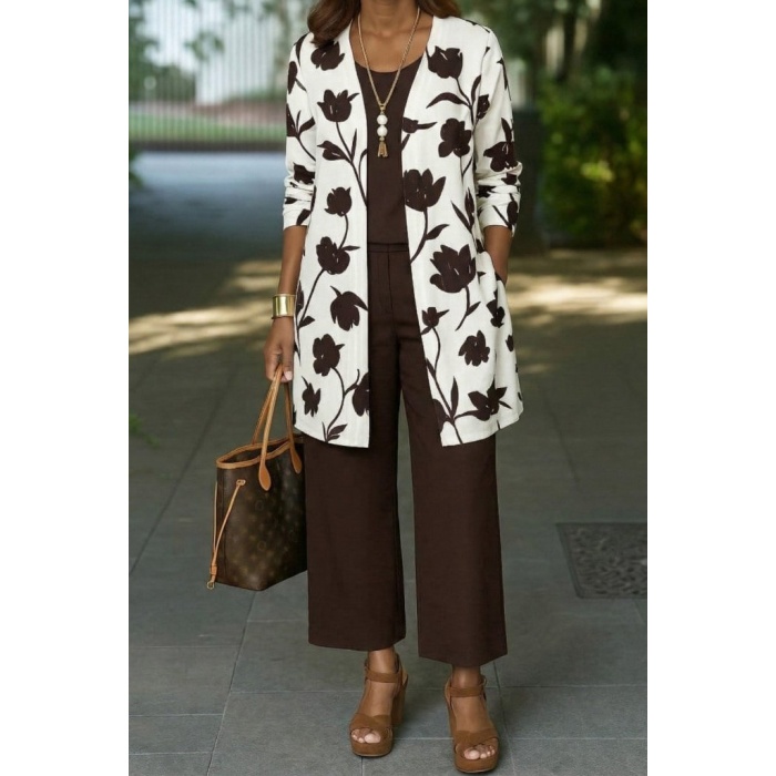 Kadın Uzun Kollu önü Açık Modal Ceket Kolsuz Viskon Iki Iplik Bluz Ve Pantolon üçlü Takım