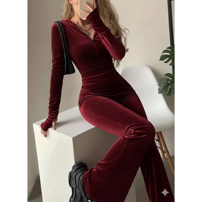 Kadın Uzun Kollu Kapşonlu Fermuarlı Kadife Tulum