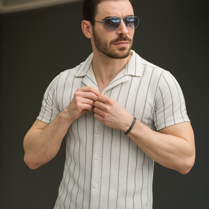 Erkek Kısa Kollu Gri çizgi Desenli örme Kumaş Pamuklu Gömlek