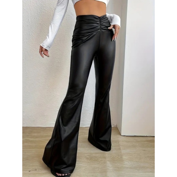 Kadın Yüksek Bel Beli Büzgülü Paçaya Doğru Geniş Deri Pantolon