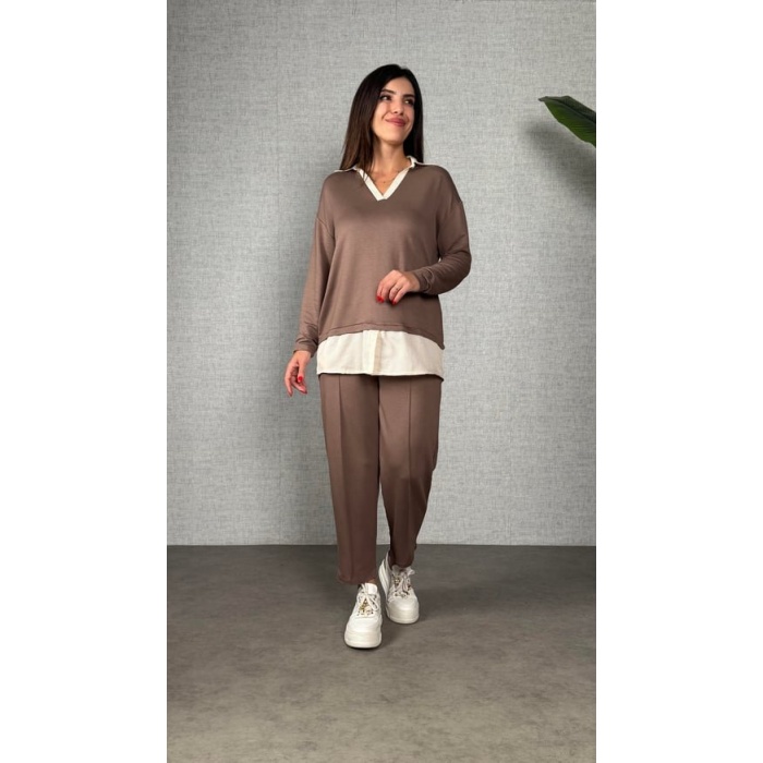 Polo Yaka Gömlek Detay Salaş Balon Pantolunlu ıkılı Takım