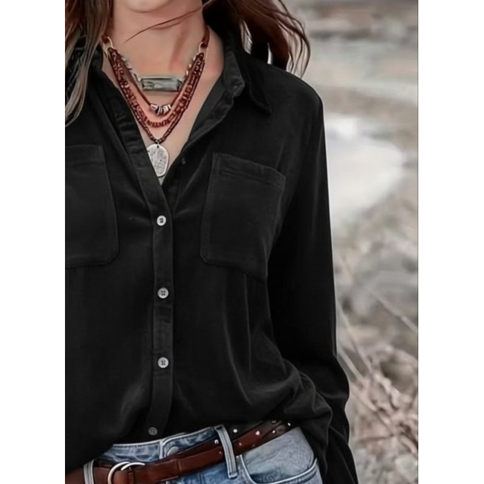 Kadın Uzun Kollu Yakalı önden Düğmeli Cep Detaylı Kadife Gömlek