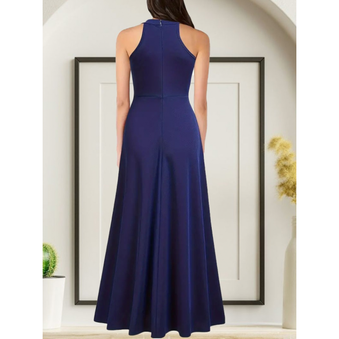 Kadın Halter Yaka Derin Yırtmaç Detaylı Tam Boy Janjan Krep Abiye Elbise