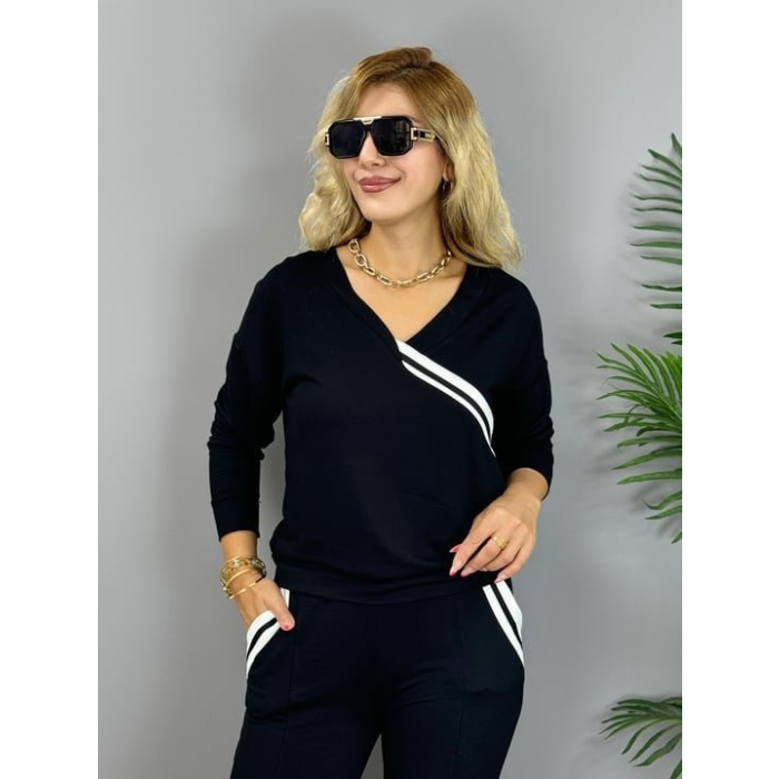 Kadın Uzun Kollu V Yakalı şerit Detaylı Viskon Iki Iplik Bluz Ve Pantolon Ikili Takım