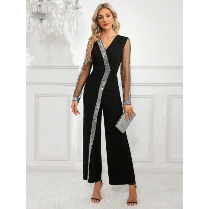 Kadın Uzun V Yakalı önden Pulpayet Detaylı Tüllü Uzun Ithal Krep Tulum