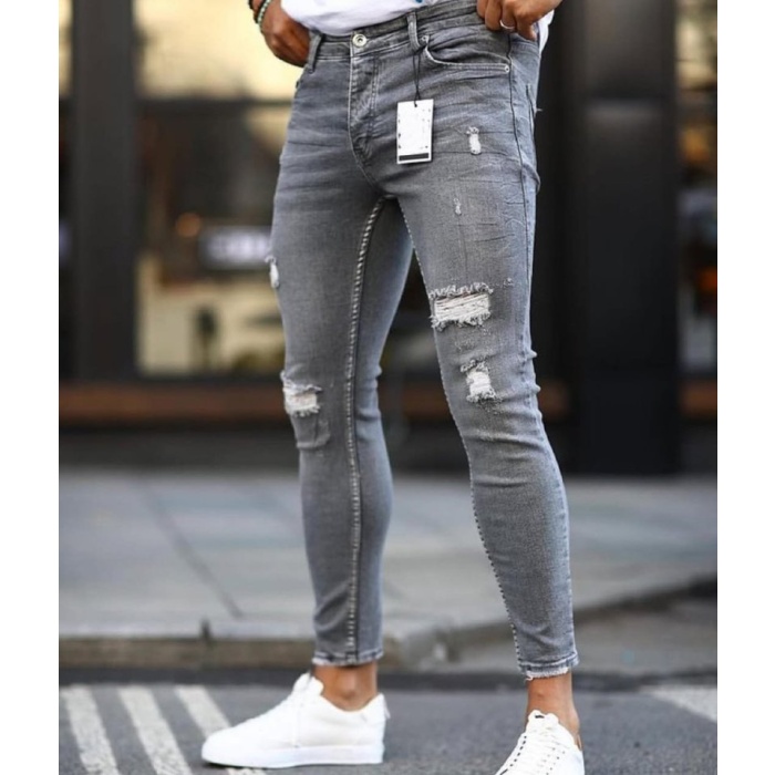 Erkek Koyu Gri Yırtık Detaylı Skinny Jean