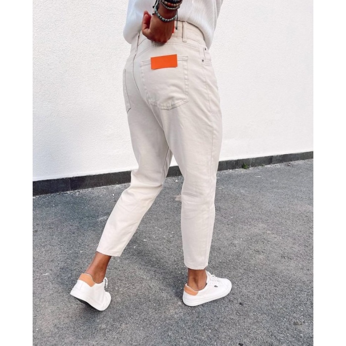 Erkek Açık Krem Yırtık Detaylı Boyfriend Jean