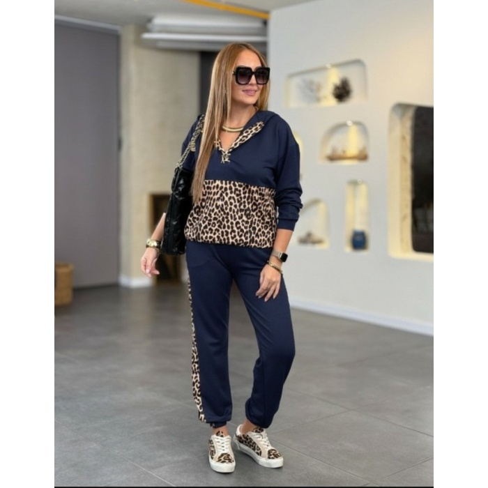 Kadın Uzun Kollu Kapşonlu Leopar Desen Detaylı Viskon Iki Iplik Bluz Ve Pantolon Ikili Takım