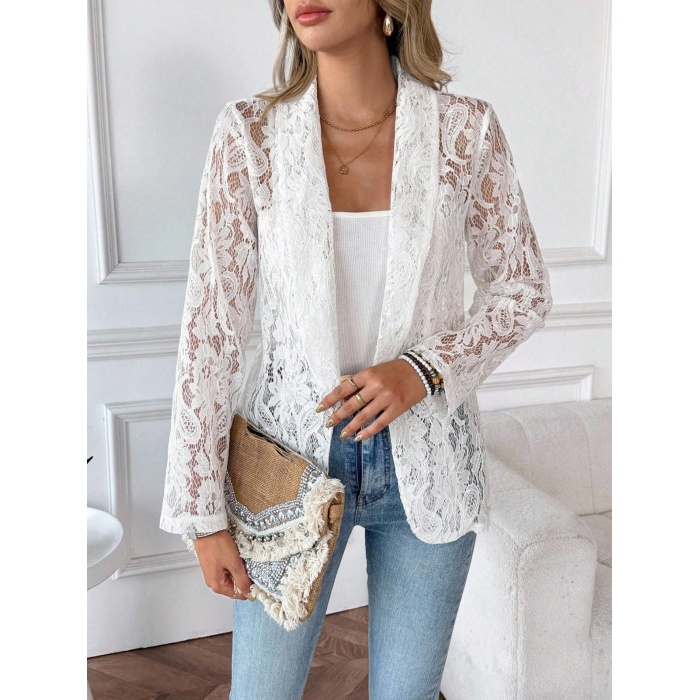 Kadın Uzun Kollu Yakalı önü Açık Dantelli Ceket